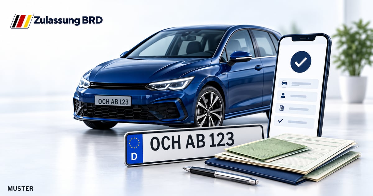 Online Fahrzeugzulassung in Ochsenfurt: Musterkennzeichen OCH AB 123, Auto und Fahrzeugpapiere und Smartphone. Illustration mit Logo von Zulassung BRD.